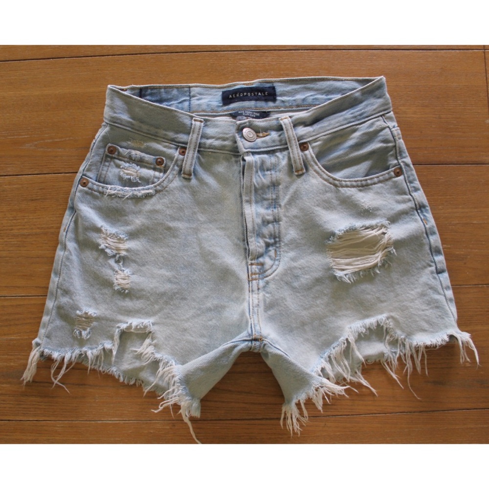 Aero Denim Cutoff High Rise Shorts Raw Fringe Hems Preowned 00